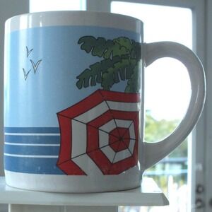 Stylized Coffee Mug 1984 Beach Scene Palm Tree Sailboat Blue White Red Korea